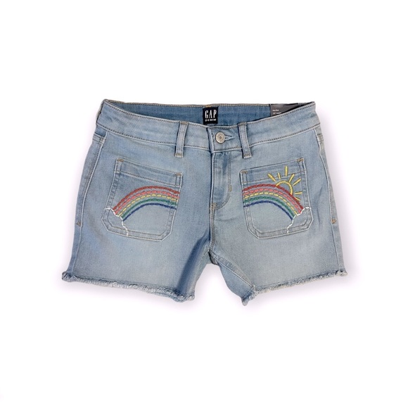 GAP GIRLS Rainbow Embroidered Shortie Cut Off Denim Shorts NWT - Picture 2 of 11